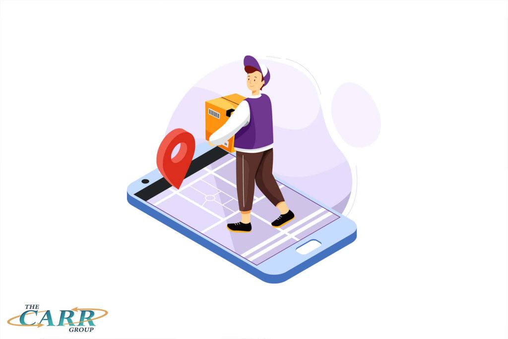 Illustration of a delivery worker with a package on a tracking map