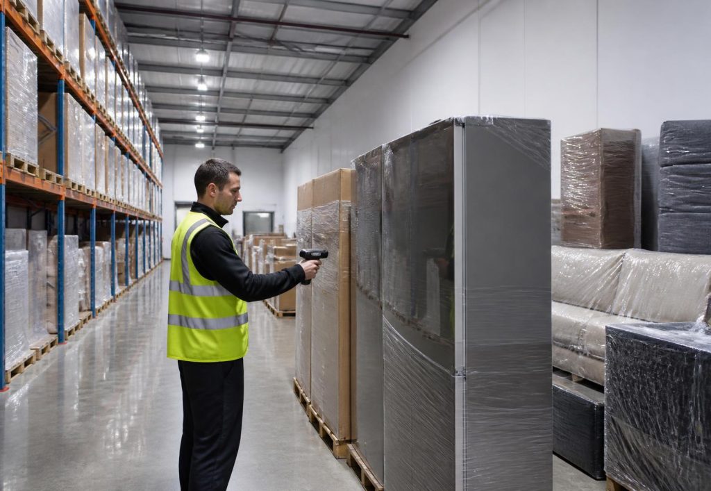Warehouse associate scanning wrapped inventory beside warehouse racks