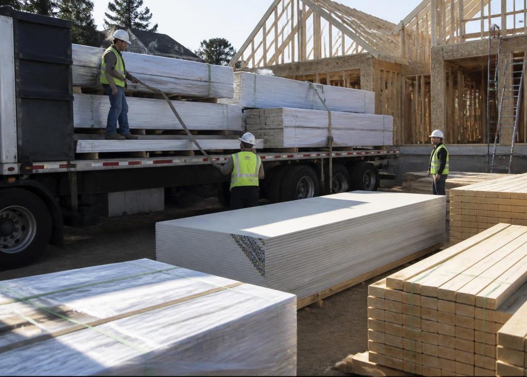 Workers handling bundled building materials at a residential jobsite