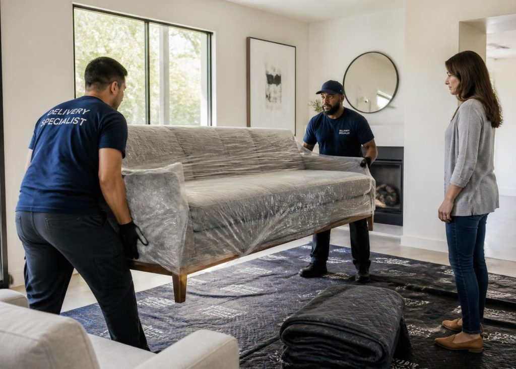 Two delivery specialists positioning a wrapped sofa in a living room